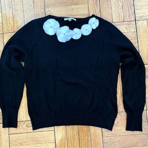 Black Women's Pullover Sweater with White Floral Neck Detail